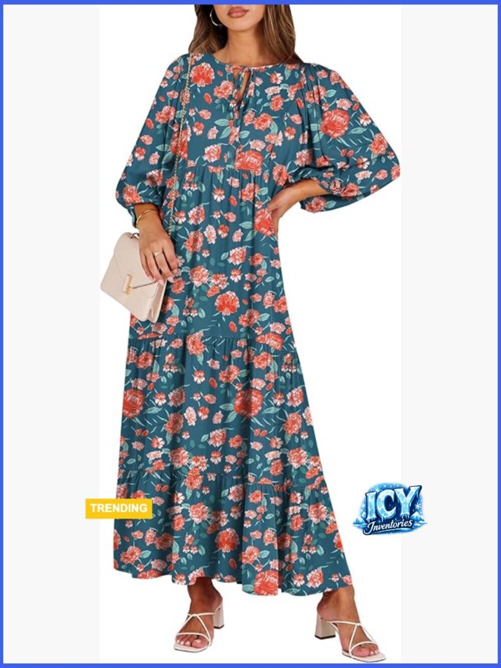 Rayon Maxi Dress with V-Neck Puff Sleeves Flowy Swing